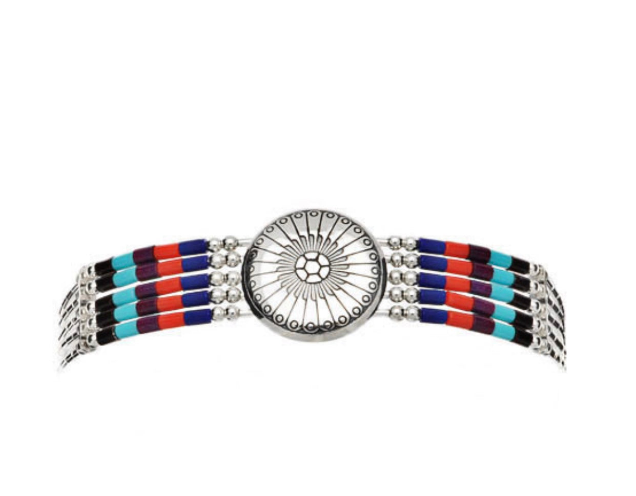 Bracelet "Liquid Silver", Concha centrale. Perles tubulaires multicolores et en argent .