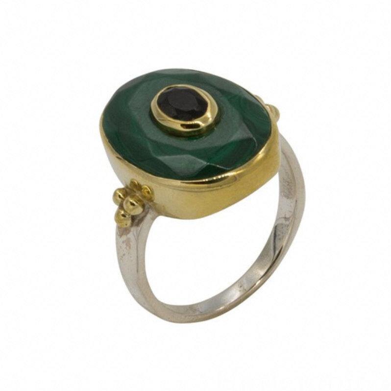 Bague Throne en Malachite véritable et Onyx - Gyptis Bijoux